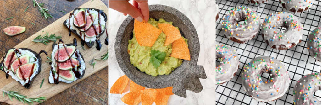 Three images in row on contact page. Toast with cream cheese and figs, guacamole in stone dish with chips, and donuts on cooling rack.