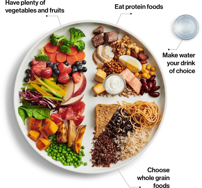 Canada's food guide plate with half the plate filled with fruit and veggies, one quarter of the plate filled with protein foods and the remaining one quarter filled with whole grain foods.