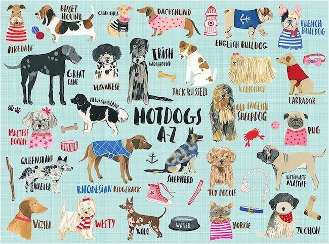 Puzzle titled "hot dogs" with a number of dog breeds on it with a blue background
