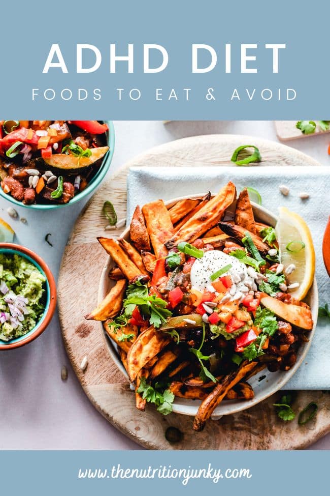 Pinterest pin titled "ADHD Diet: Foods to eat and avoid" with image of sweet potato fries and @thenutritionjunky tag.