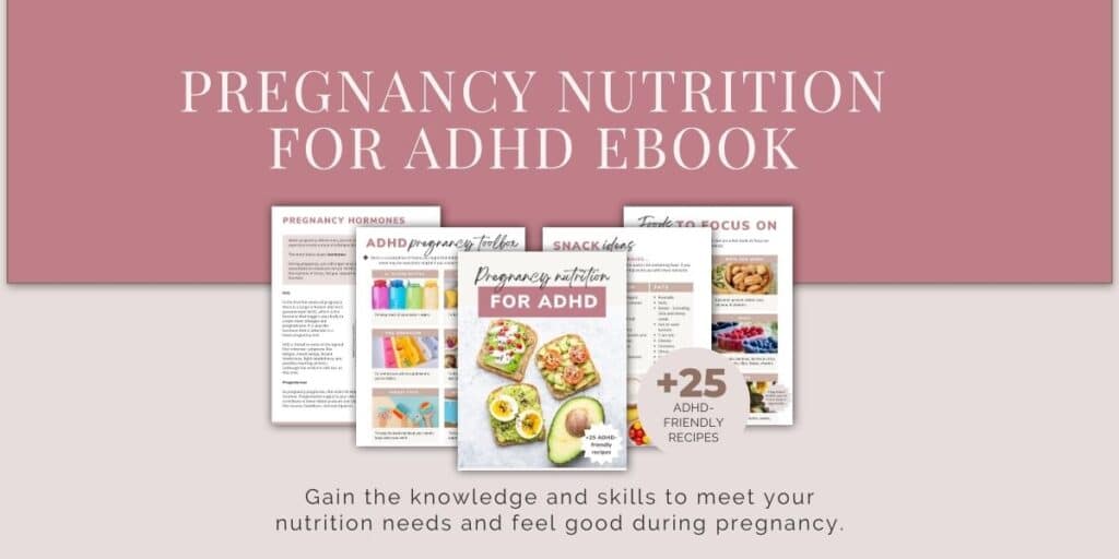 Pregnancy nutrition for ADHD ebook promotional image with ebook pages on pink background.