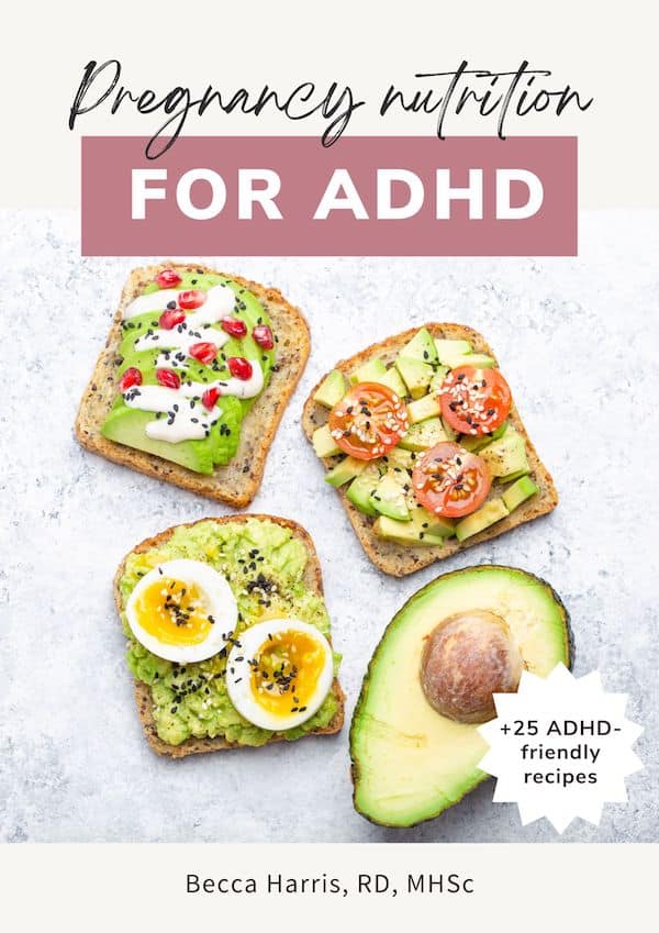 Prenatal nutrition for ADHD ebook cover page with images of avocado toast.