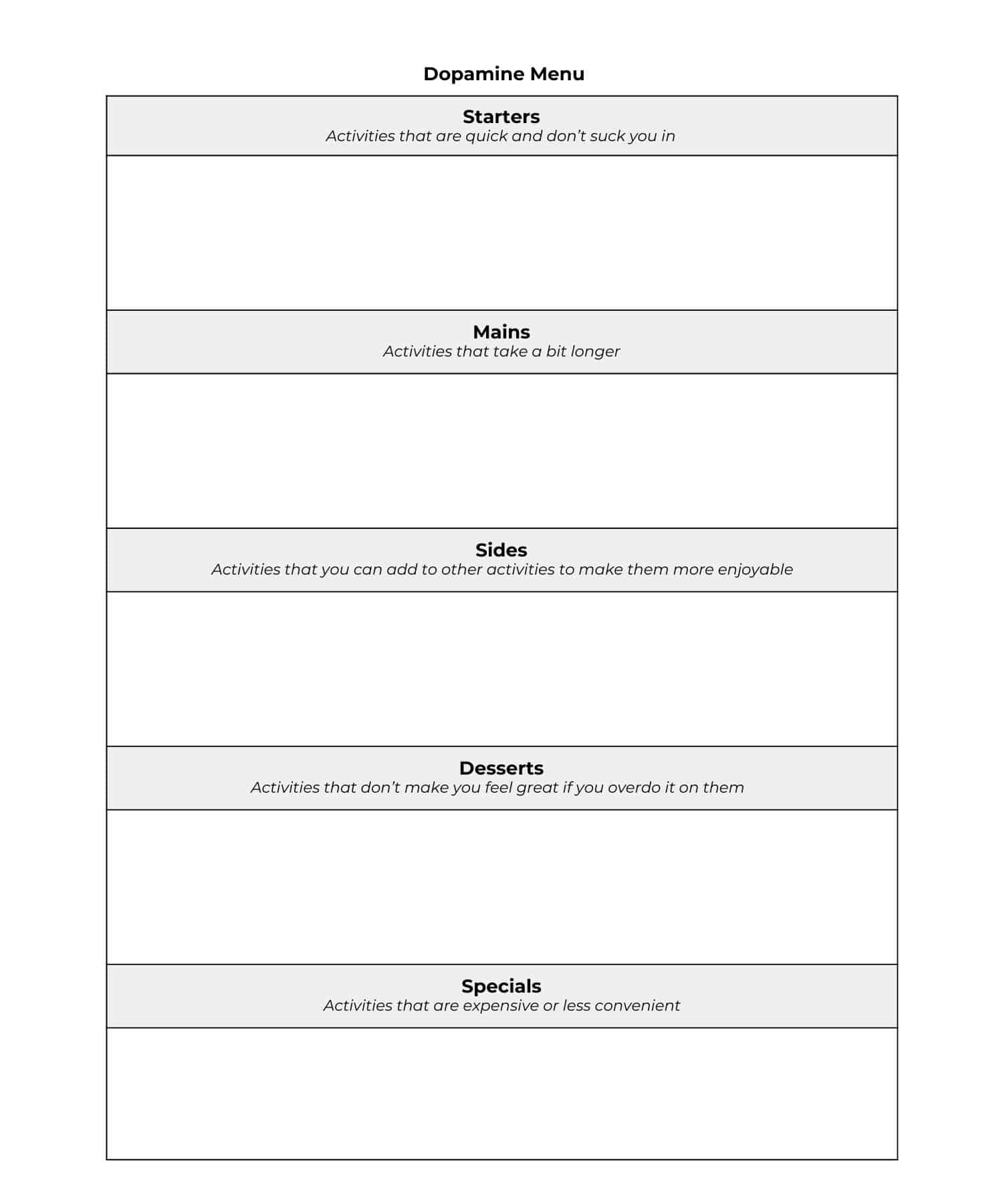 Dopamenu template table that includes the following headings: Starters, Mains, Sides, Desserts, and Specials.