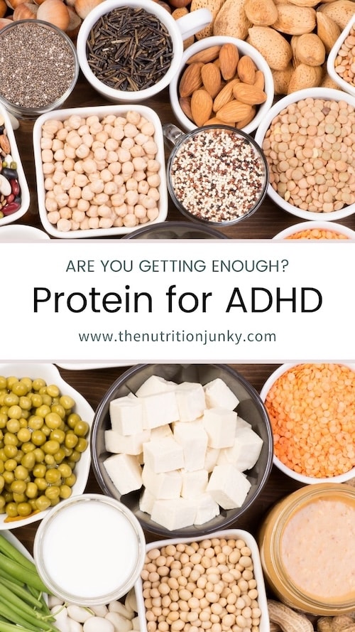 Pinterest image that says "Are you getting enough? Protein for ADHD. www.thenutritionjunky.com"