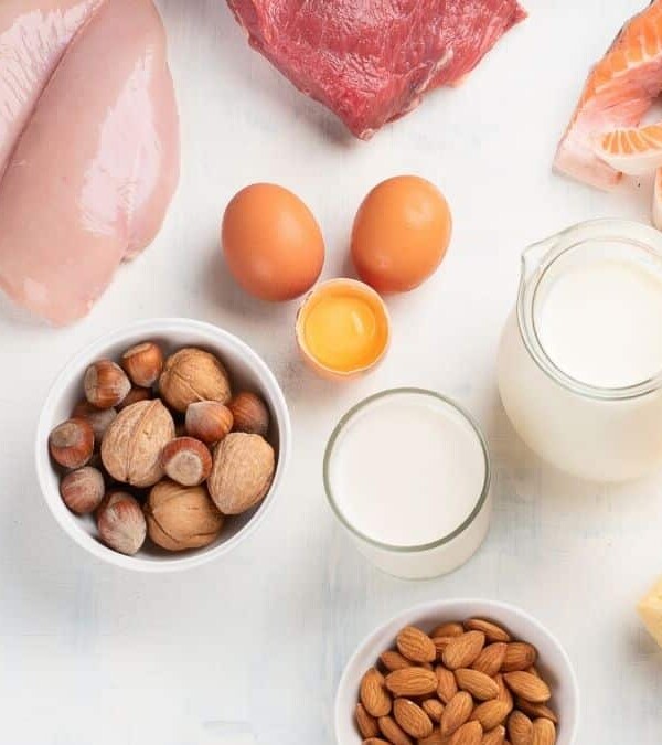 Overhead image of high protein foods including chicken, steak, eggs, chestnuts, almonds, and milk.