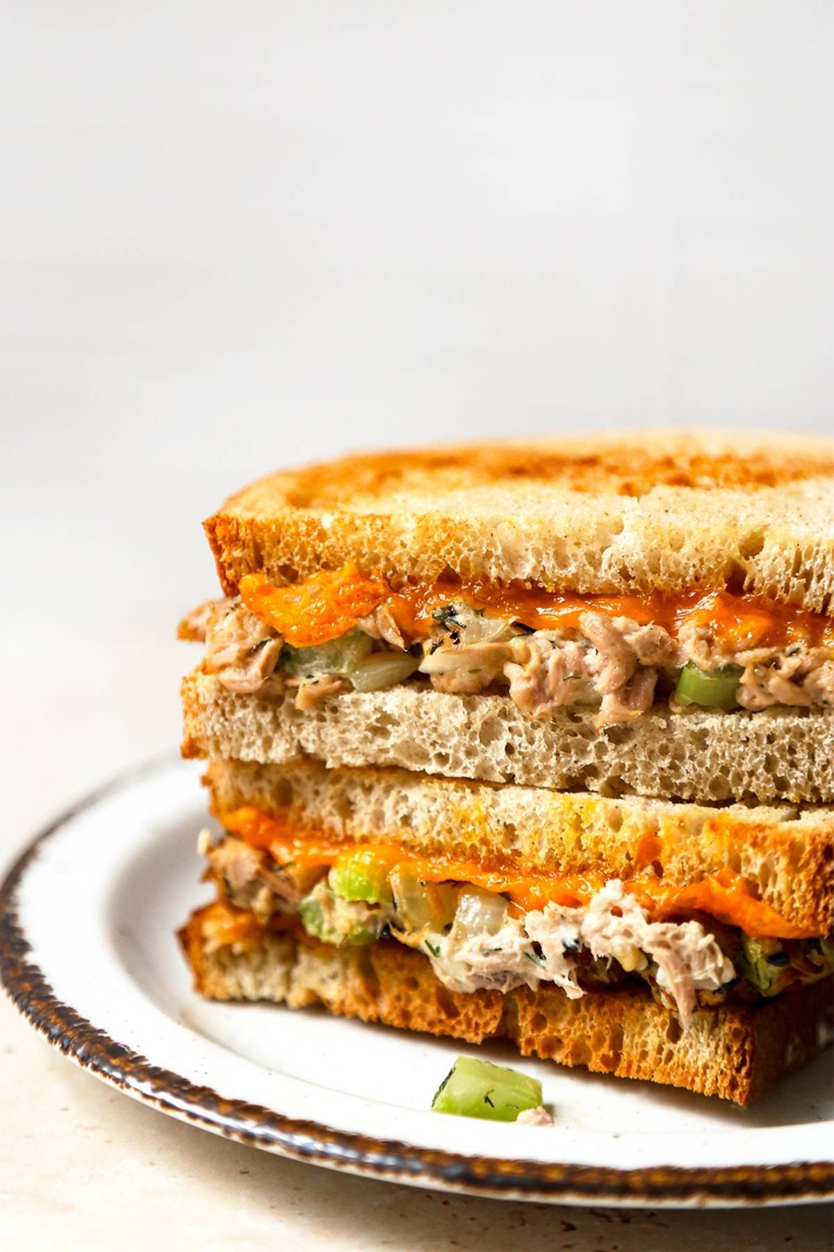 Close-up side view of an air fryer tuna melt on a white plate.