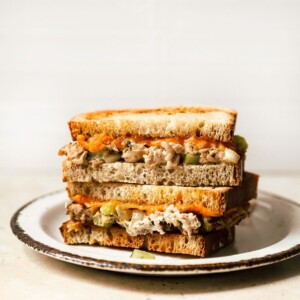 Side view of an air fryer tuna melt on a white plate.