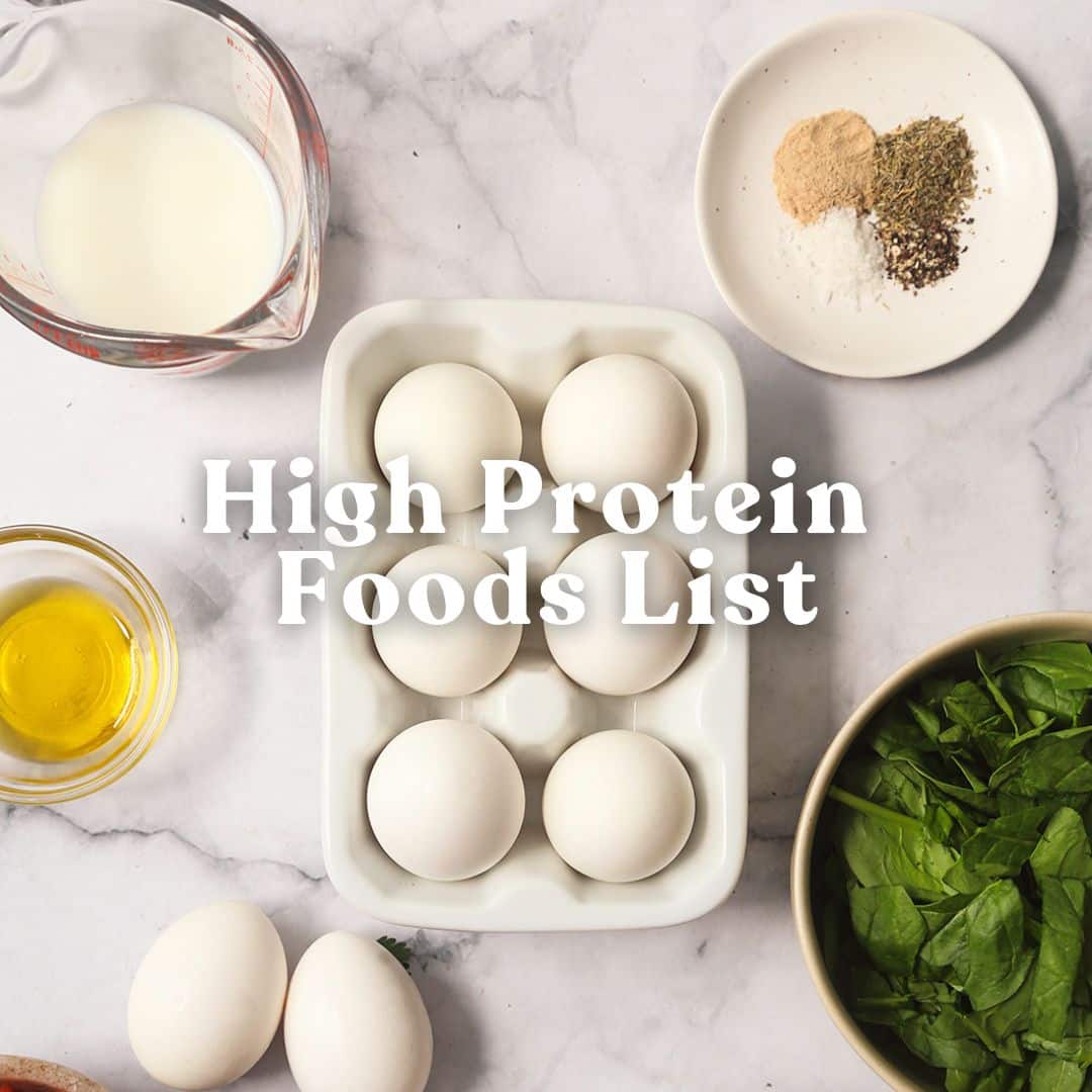 Overhead view of eggs and other ingredients with overlay text that says: High Protein Foods List